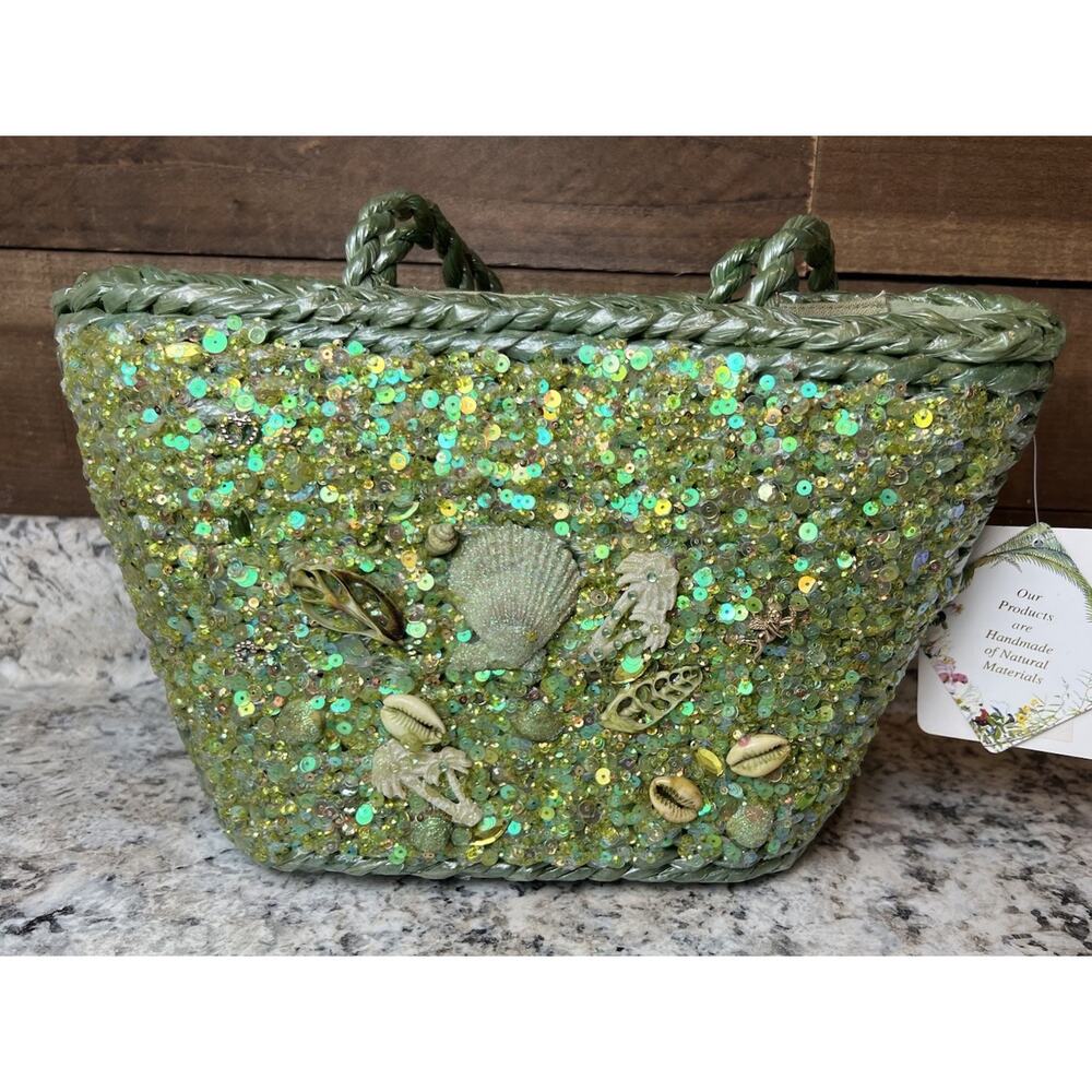Vtg Cappelli Straworld Woven Straw Rafia Handbag Sea Shells Beach Purse